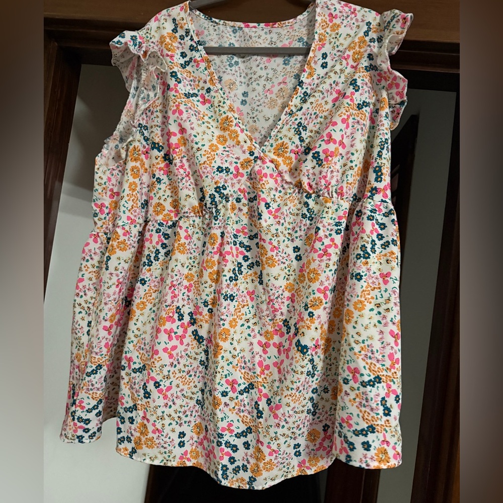 SHEIN Pink and Orange Flutter Sleeve Ruffled Blouse